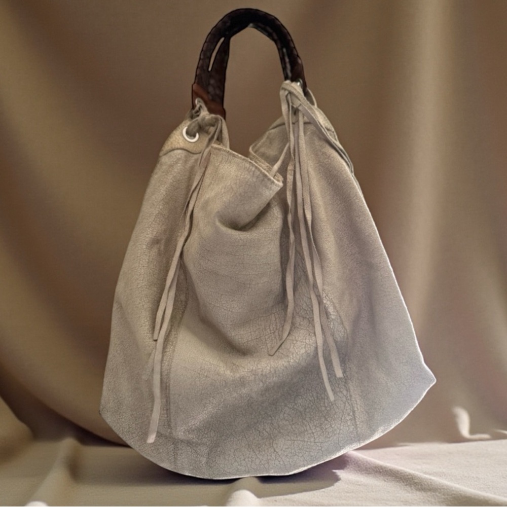 Tano Vintage Distressed Cream Leather Tote Bag w/ Fringe